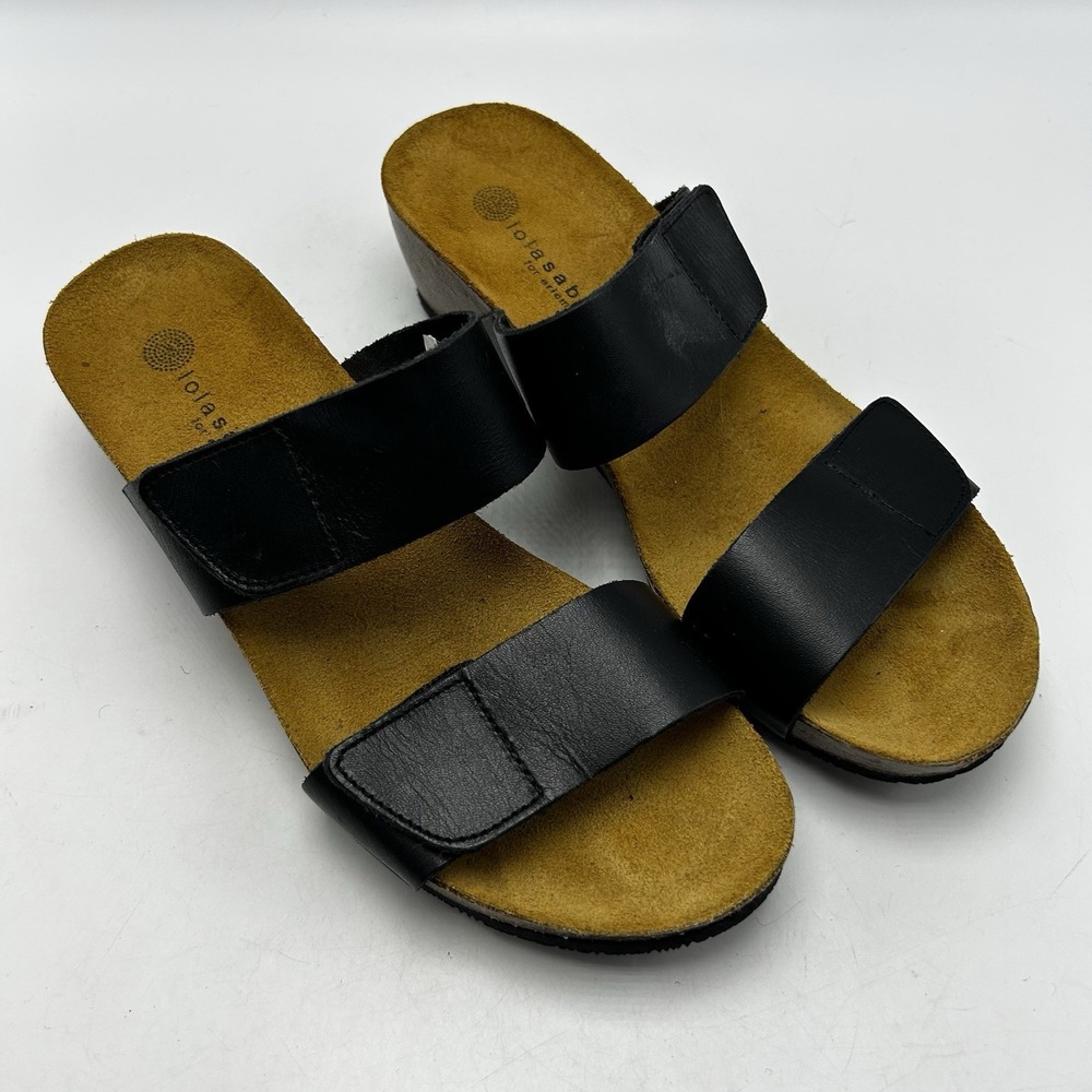 Eric Michael Sandals Womens 8.5 Cork Wedge EU 39 Black Leather Casual